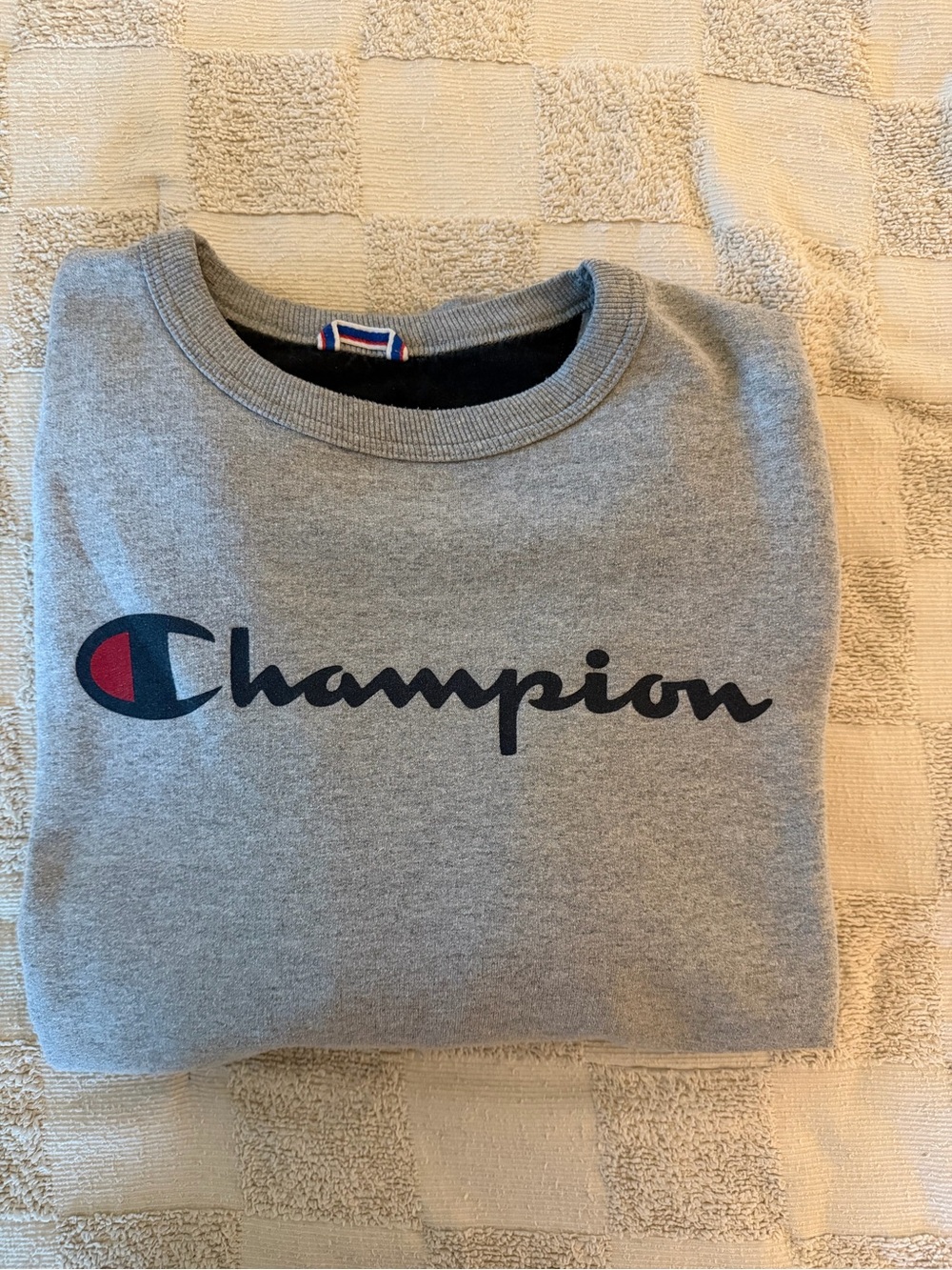 Champion Men’s Heather Gray Crewneck Sweatshirt with Navy Logo